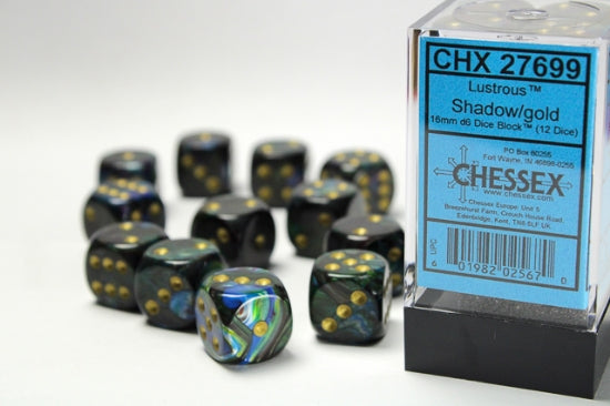 Chessex -  16mm D6 (12 Dice) Lustrous Shadow/Gold