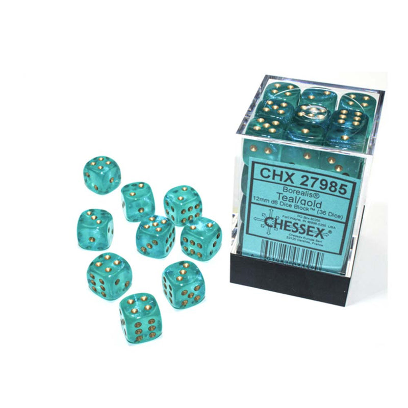 Chessex - Gemini 12mm d6(36 Dice) Borealis Teal/Gold Luminary